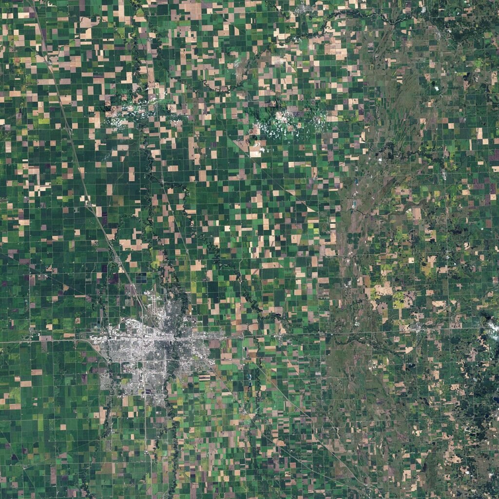 Landsat true-colour satellite image of farmland in northwest Minnesota showing a patchwork of fields